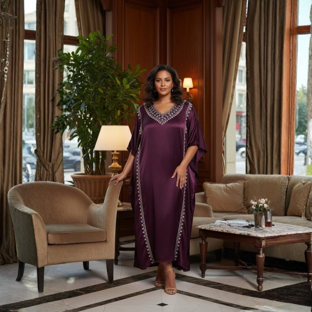 Gypsie Blu Plus Size Solid Embroidery Lace Wine Satin Women Dubai Kaftan Dress